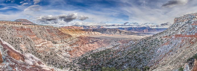 High-contrast panoramic image of the canyon landscape of the Arizona desert during the day