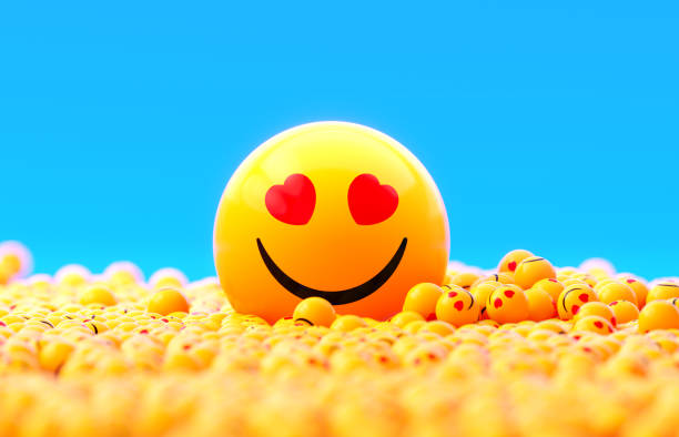 istock Yellow Spheres Textured With Happy Face Emoji On Blue Background 1922479148