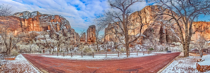 Panoramic picture from Zion National Park in Utah in winter with snow during the day