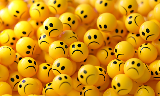 3d rendering of emoji with smiley, sad neutral face. yellow background. copy space.