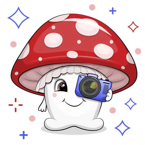 Vector illustration of Cute cartoon red mushroom with a green camera.