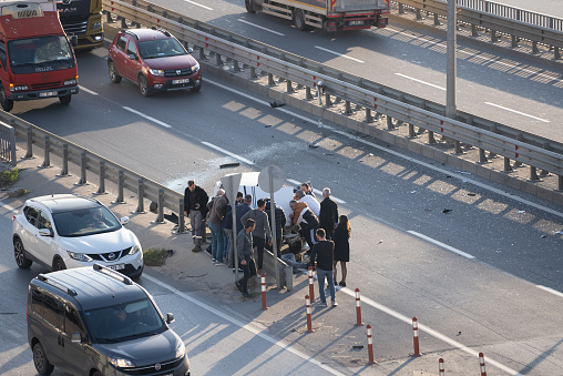 Antalya-Manavgat :September 18 2023 :People rushing to save the driver who had an accident on the highway