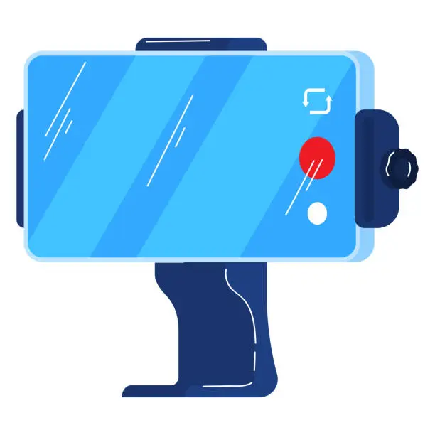 Vector illustration of Blue smartphone stabilizer with recording button vector illustration. Modern vlogging equipment, mobile videography gear vector illustration