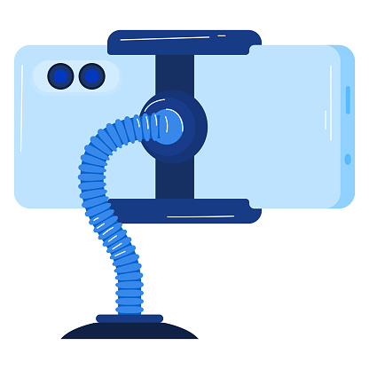 Blue smartphone holder with flexible arm and clamp. Mobile phone mount for hands-free use vector illustration.