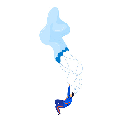 Skydiver in blue suit with open parachute floating in the air. Adventurous activity and freedom concept vector illustration.