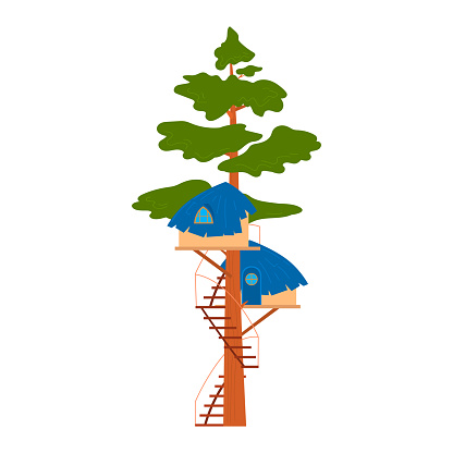Blue treehouse with a wooden ladder, nestled in a green-leafed tree. Childhood adventure and fantasy playhouse. Tree fort in nature vector illustration.