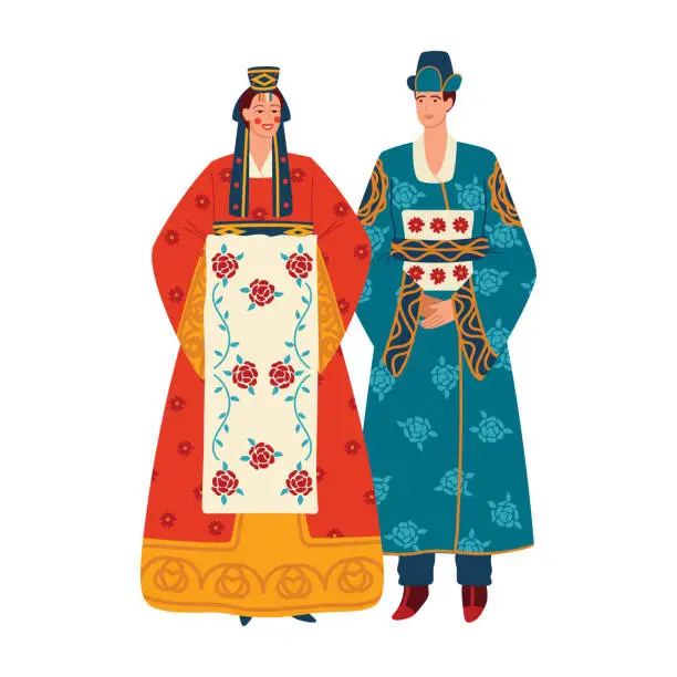 Vector illustration of Korean couple in traditional hanbok attire. Man and woman wear colorful clothes with floral patterns. Culture of Korea, national dress vector illustration