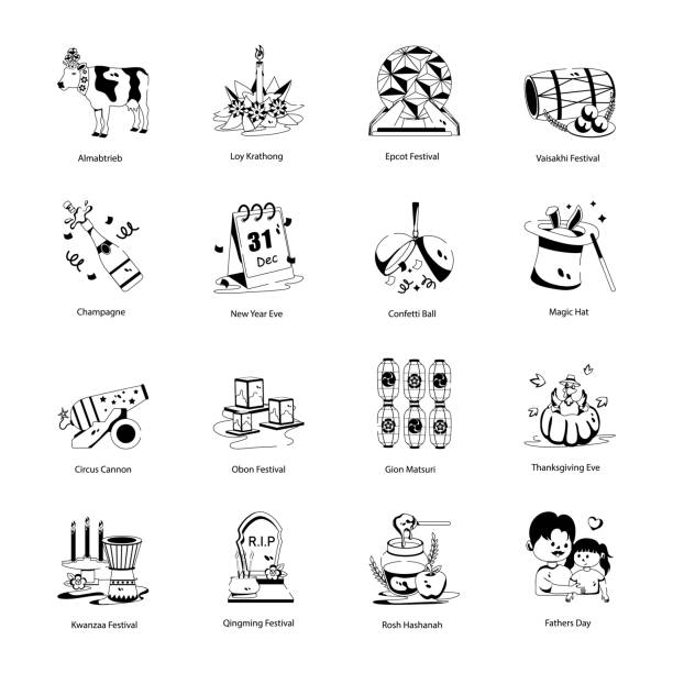 Collection of Glyph Style Celebration Icons Showcase the spirit of celebrations with our animated flat festival icons. From lively carnivals to vibrant western festivals and the beauty of asian celebrations, explore a diverse tapestry of designs that captures the heart of celebrations worldwide. epcot orlando stock illustrations