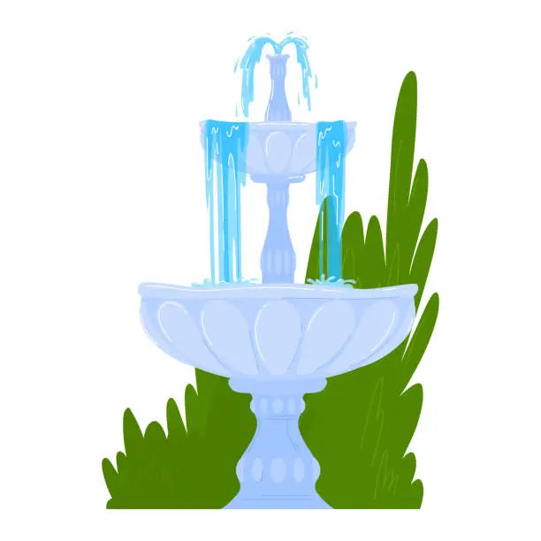 Vector illustration of Classic stone fountain with flowing water and green bushes in the background. Elegant park or garden water feature design vector illustration