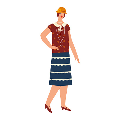 1920s flapper girl in vintage dress and cloche hat standing. Smiling woman in retro fashion. Roaring twenties female character vector illustration.
