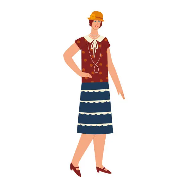 Vector illustration of 1920s flapper girl in vintage dress and cloche hat standing. Smiling woman in retro fashion. Roaring twenties female character vector illustration