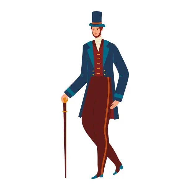 Vector illustration of Elegant magician in vintage costume with top hat and walking cane. Classic entertainer, gentleman showman concept vector illustration