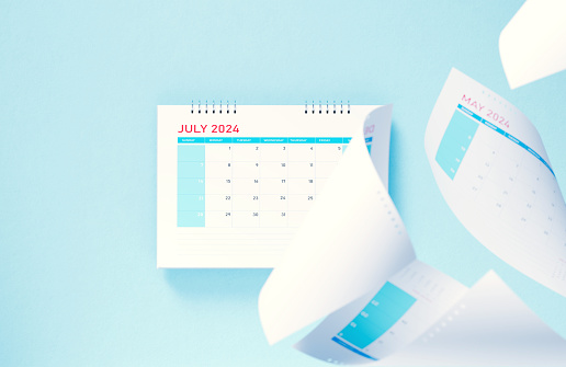 2024 July calendar on blue background. Horizontal composition with copy space. Calendar and reminder concept.