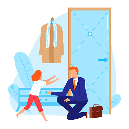Father in suit kneels for hug with daughter at home. Little girl running to dad after work, family bonding. Parent-child relationship and love vector illustration.