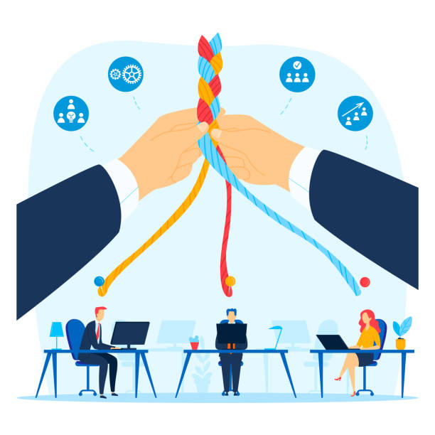 istock Hands tying ropes together above office workers at desks. Collaboration and teamwork in business. Office teamwork concept with employees vector illustration 1922501554