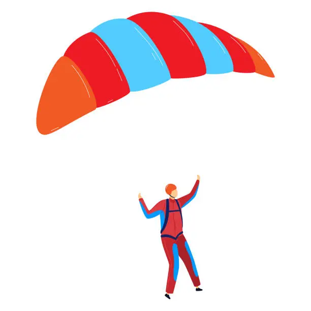 Vector illustration of Paraglider in full gear with colorful parachute enjoying extreme sports. Skydiving activity, adventure sports, and adrenaline rush vector illustration
