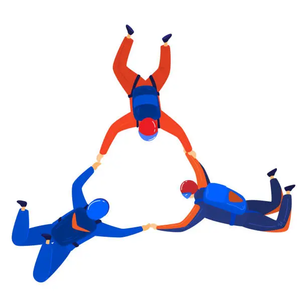 Vector illustration of Three skydivers in freefall, two in blue suits and one in red, forming a circle mid-air. Team of skydivers performing stunt. High-flying skydiving and teamwork vector illustration