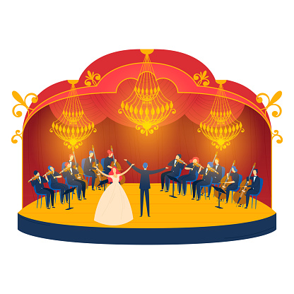 Orchestra performing on stage with conductor and solo singer. Classical music concert with instruments and chandelier. Elegant musical event vector illustration.