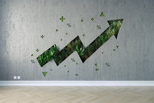 Vertical garden shaped of growing graph arrow on the wall interior. (3d render)