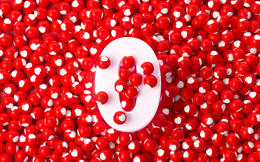 White number 0 surrounded by red spheres textured with heart shapes. Horizontal composition.