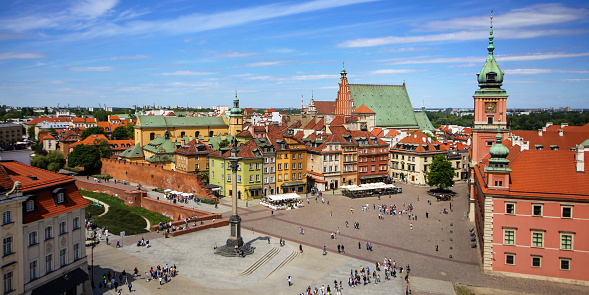 Panorama of Castle square and Old town in Warshaw, Poland.