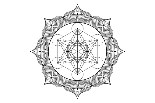 Metatrons Cube, Flower of Life. Sacred geometry, graphic element Vector isolated Illustration. Mystic icon platonic solids, black line art abstract geometric drawing, typical crop circles, white background