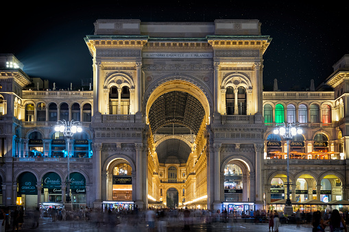 Holidays in Italy - Piazza Duomo with the Galleria Vittorio Emanuele II in Milan by night
