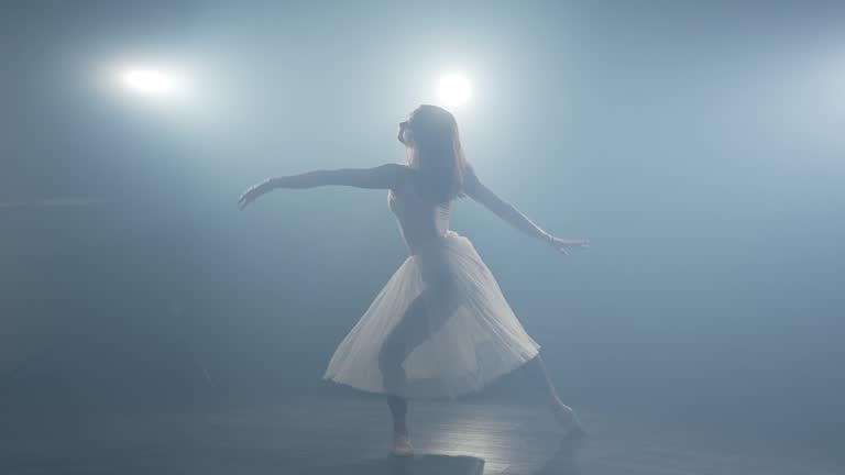 Ballerina spinning around in tutu skirt on stage