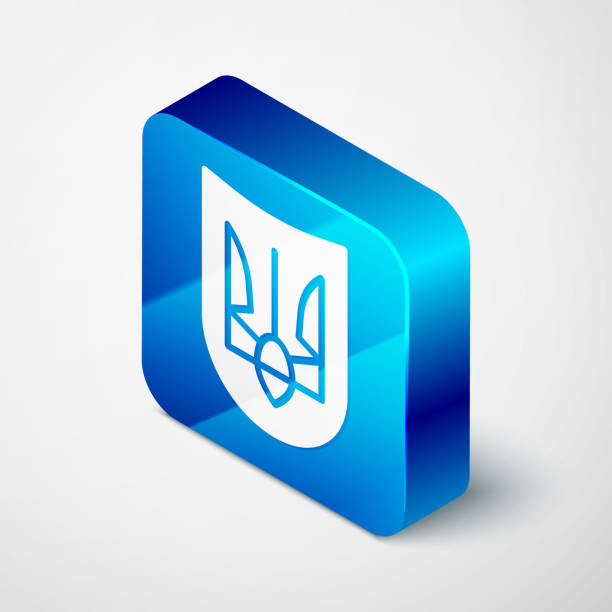 isometric national emblem of ukraine 아이콘은 회색 배경에 고립되어 있습니다. 우크라이나 삼지창. 파란색 사각형 버튼입니다. 벡터 - ukraine trident ukrainian culture coat of arms stock illustrations