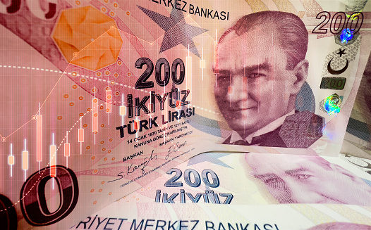 200 TL Banknote and Financial Chart, It can be used for concepts such as economy, finance, trading, country economies (Depth Of Field)