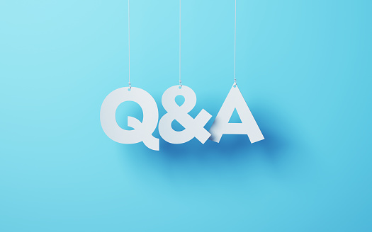 3d render Q&A cut on white note paper hanging on string, White note paper blue background (close-up)