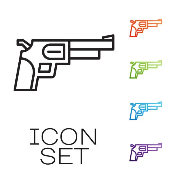 Vector illustration of Black line Revolver gun icon isolated on white background. Set icons colorful. Vector