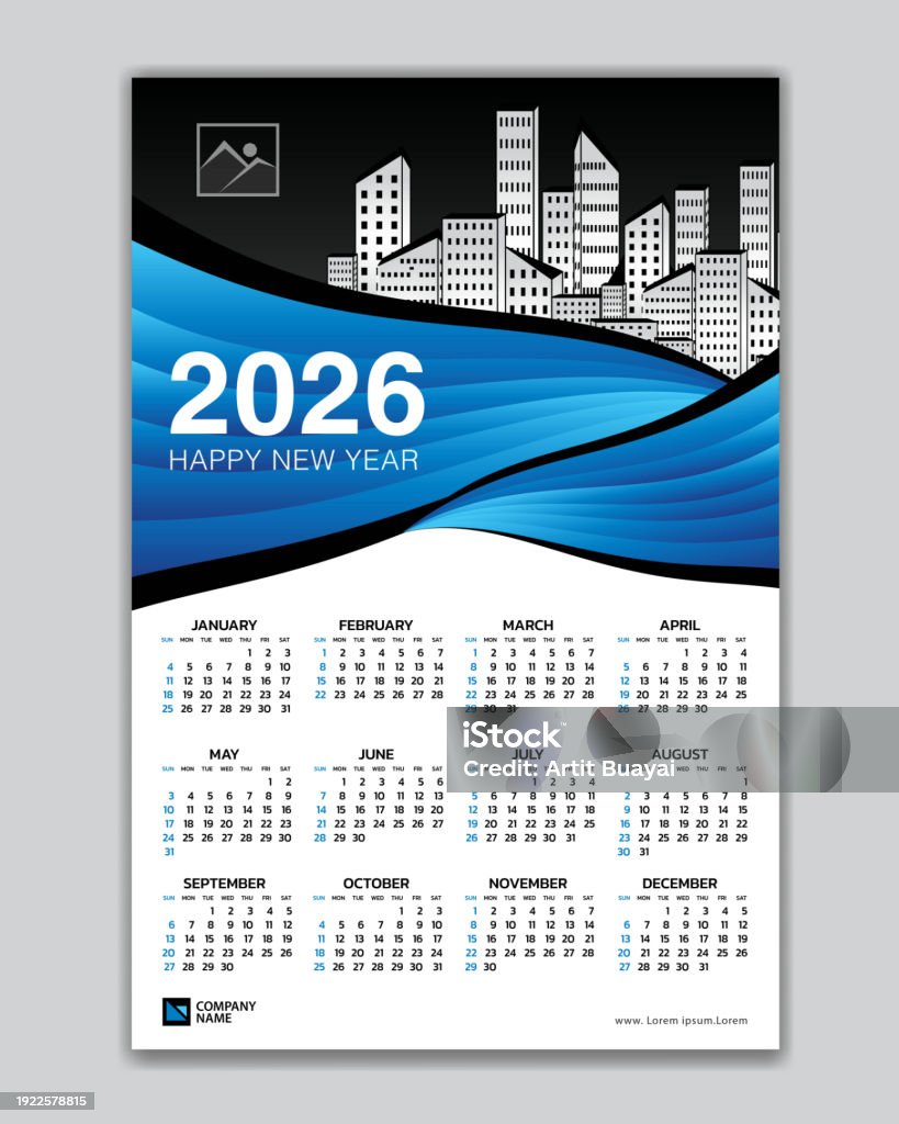 Wall Calendar 2026 Year Blue Wave Template Vector With Place For Photo