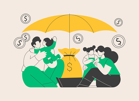 Family benefit abstract concept vector illustration. Family tax benefit, payment per child, help with raising children, economic support, insurance agent, piggy bank, money abstract metaphor.