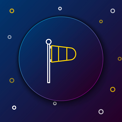 White and yellow line Cone meteorology windsock wind vane icon isolated on dark blue background. Windsock indicate the direction and strength of the wind. Colorful outline concept. Vector Illustration