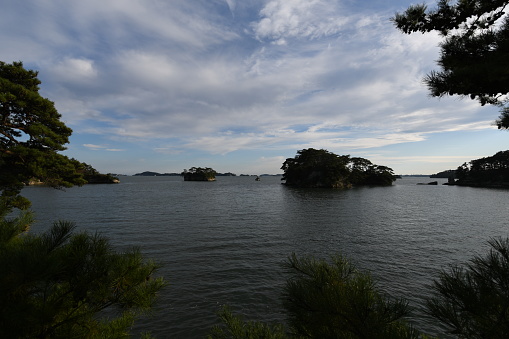 A tranquil lake with lush trees and a majestic backdrop of fluffy white clouds