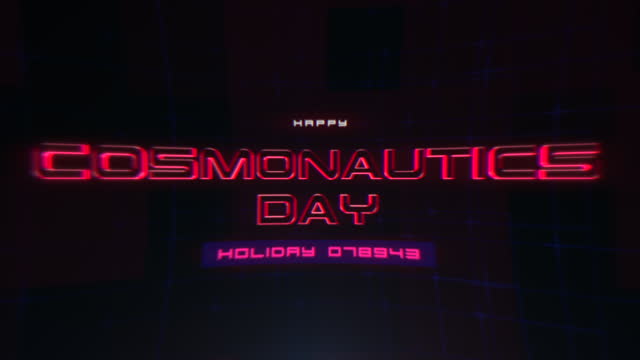 Futuristic neon Cosmonautics Day shines in red and blue with neon glow on black background