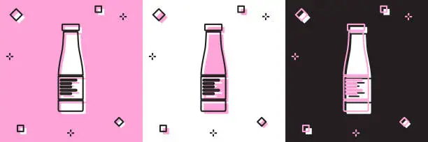 Vector illustration of Set Sauce bottle icon isolated on pink and white, black background. Ketchup, mustard and mayonnaise bottles with sauce for fast food. Vector