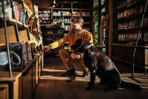 istock Young Man and Cute Labrador Checking Out the Pet Store 1922616577