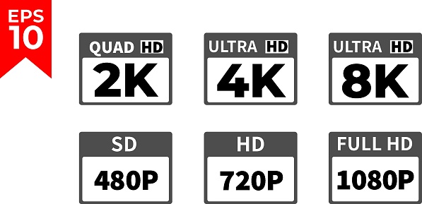 8k Ultra Hd icon, 4k Ultra Hd, 2k quad Hd, Logo 480p SD, 720p HD, 1080p, Resolution icon. Flat design. Vector illustration