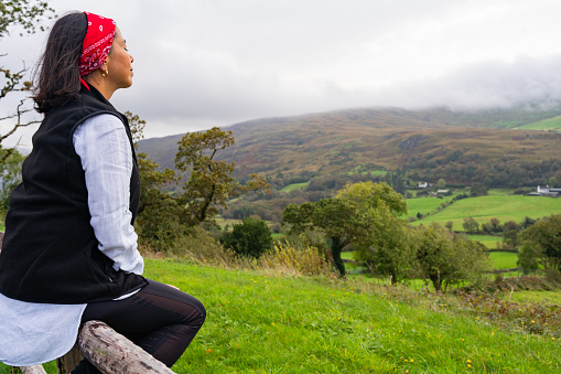 Relaxed woman sitting on a wooden fence enjoying beautiful scenery on a road stop on her trip through Ireland