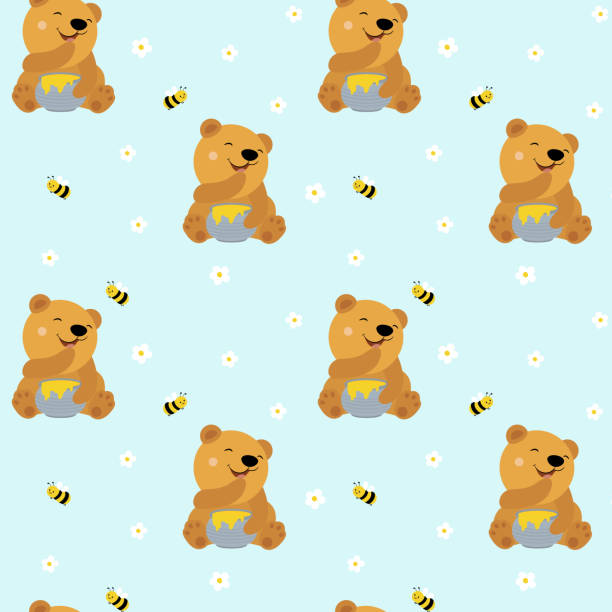 cute teddy bear with honey, bee and flowers. funny seamless pattern - bee backgrounds chamomile plant fragility stock illustrations