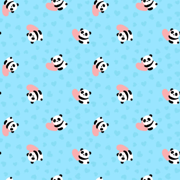 seamless pattern with cute panda baby with heart on blue background. funny asian animals. - pattern backgrounds blue black点のイラスト素材／クリップアート素材／マンガ素材／アイコン素材