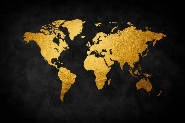 Photo of World map vector, isolated on black background. Flat Gradient Earth, map template for website pattern, annual report, infographics. Travel worldwide, map silhouette backdrop.