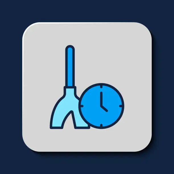 Vector illustration of Filled outline Cleaning time icon isolated on blue background. Sanitary service, house hygiene. Vector