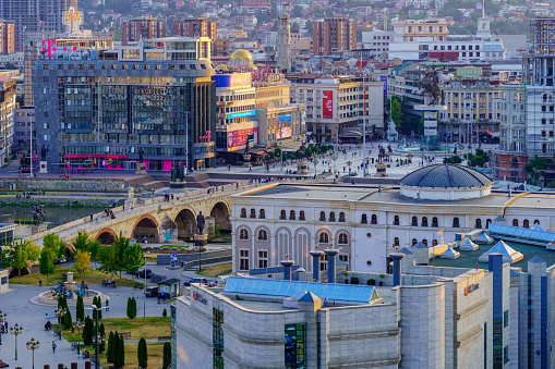 Skopje, North Macedonia - October 05, 2023: Rooftop view of the city center, in Skopje, North Macedonia