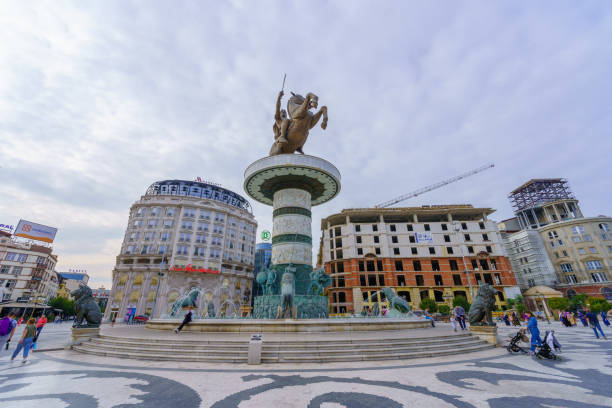 Skopje, North Macedonia - October 06, 2023: View of the Macedonia Square, with Alexander the Great monument, locals, and visitors, in Skopje, North Macedonia