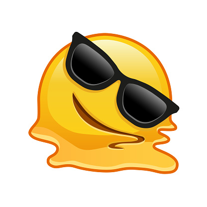 Melting face with sunglasses on white background. Large size of yellow emoji smile