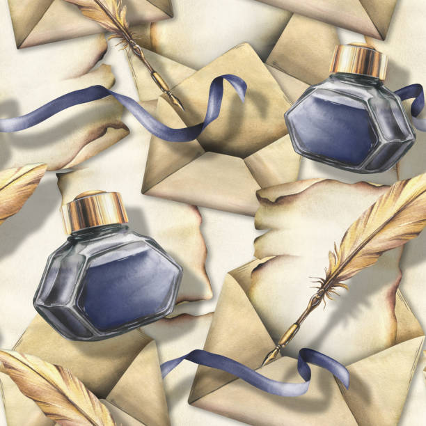 istock Writing supplies: papyrus paper, craft envelope, gold feather, ink in a glass jar, ribbon and splashes. Hand drawn watercolor illustration. Seamless pattern, background 1922814662