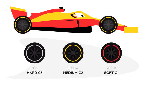 ilustraciones, imágenes clip art, dibujos animados e iconos de stock de coche, neumáticos compuestos de carrera. vista lateral del deportivo de fórmula 1. ruedas duras, medias, blandas. conducción en carrera. tipos de neumáticos - formula 1